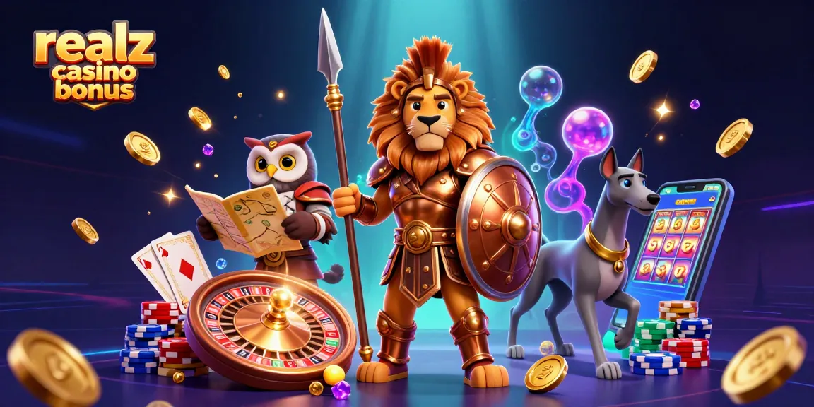 Erlebe den realz casino bonus in einer aufregenden 3D-Illustration mit strategischen Charakteren und dynamischen Spielelementen.