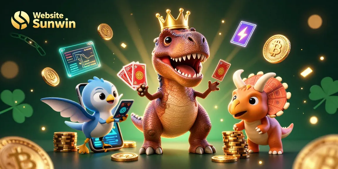 Experience excitement at Website Sunwin with a friendly T-Rex shuffling cards and a pterodactyl in a dazzling casino scene.