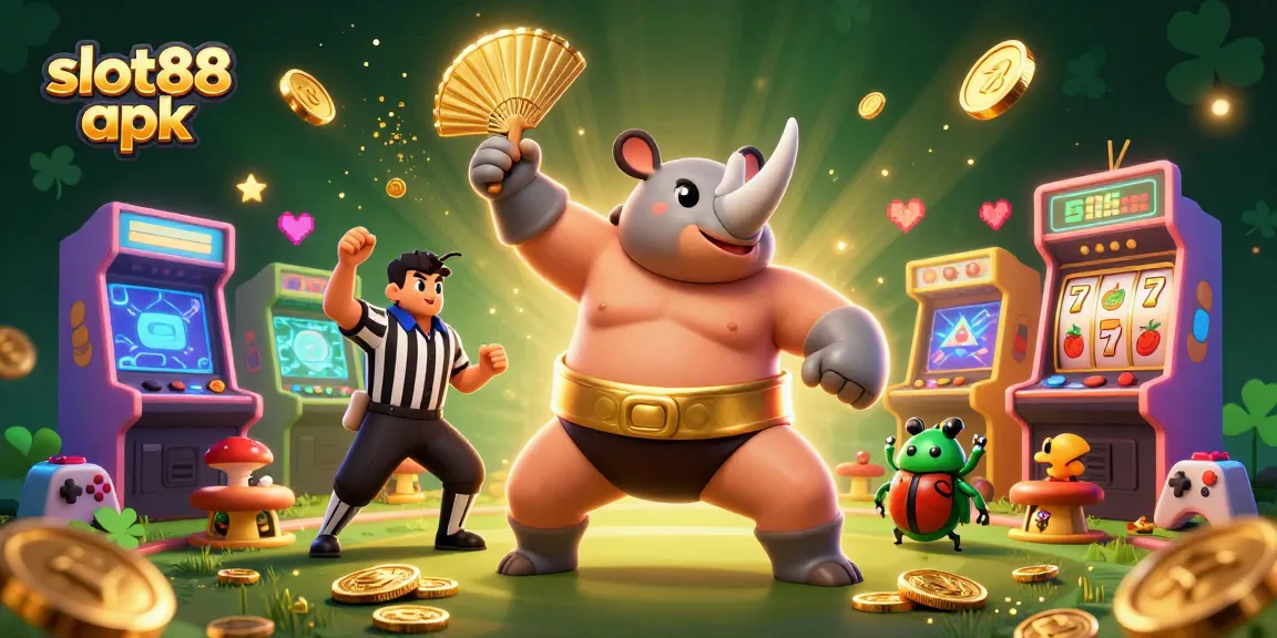 Experience the excitement of slot88 apk with a cartoon beetle champion amidst flying coins and vibrant game elements.