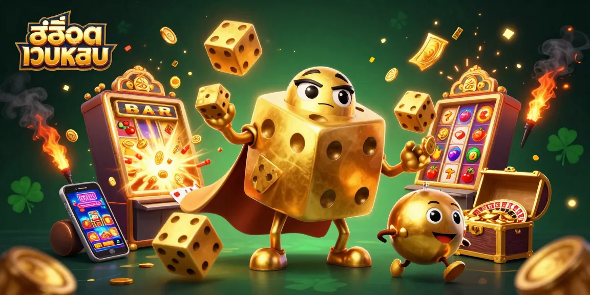 Engage with สล็อตเว็บตรง through a vibrant illustration of a golden dice golem and slot machine action.